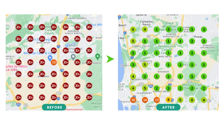 Before and After Heatmap of Local SEO for a Therapy practice